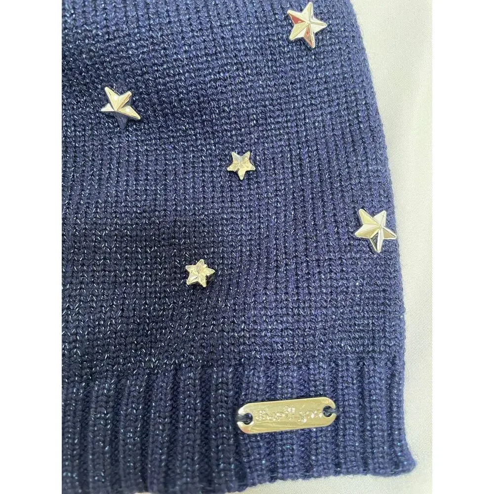 NWT Bari Lynn Girls Studded Star Beanie Navy Fox Fur PomPom, Kids Youth